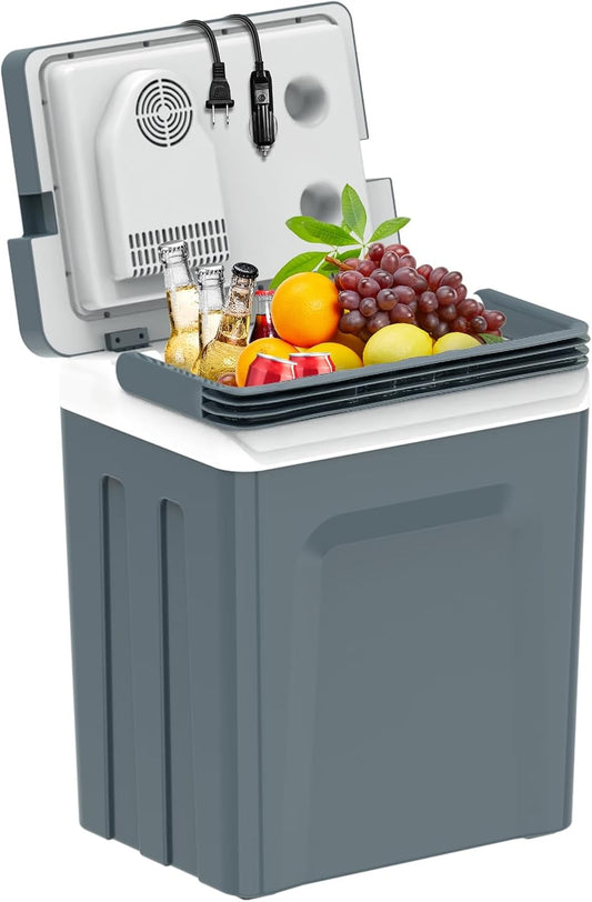 Electric coolers and heaters, portable thermoelectric refrigerators, for vehicles and trucks, camping, and travel